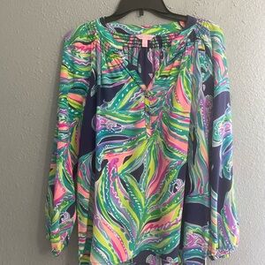 LILLY PULITZER Women's Elsa floral multicolor Silk Blouse Shirt size Large